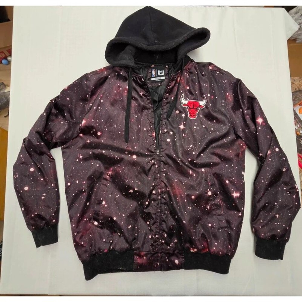 NBA Men's Large Chicago Bulls Galaxy Print Hooded Satin Bomber Jacket